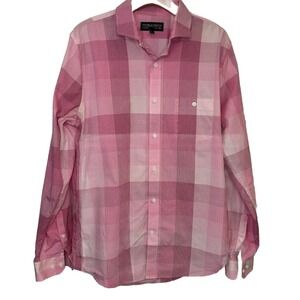 Thomas Payne London Mens Large Shirt Button Up Long Sleeve Cuffs Pink Plaid